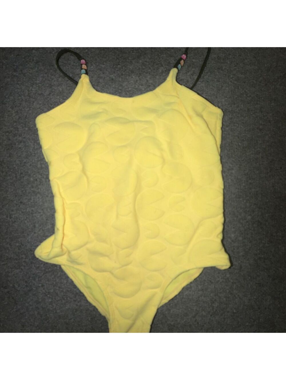 Pac-Man Justice Girls 12/14 One Piece Swimsuit Yellow Ghost Straps Retro Gaming